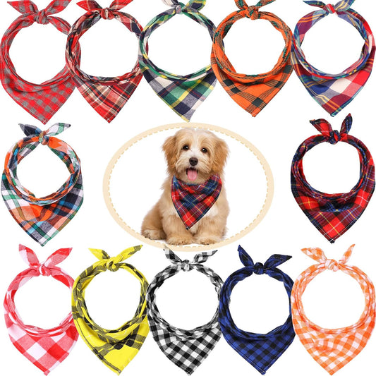 Syhood 12 Piece Dog Bandanas Plaid Pet Bandanas Scarf Triangle Bibs Kerchief Washable Reversible Adjustable Pet Costume Accessories for Small Large Dogs and Cats(Lattice Graphic)