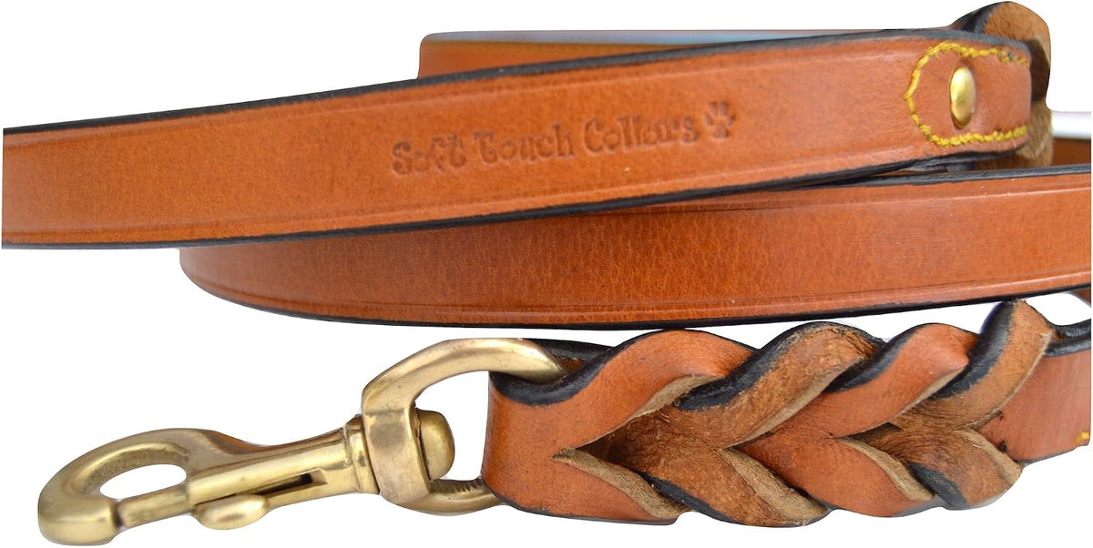 Leather Braided Dog Leash, Tan with Teal Padded Handle, 6ft x 3/4" Inch Wide, Made with Full Grain Genuine Leather