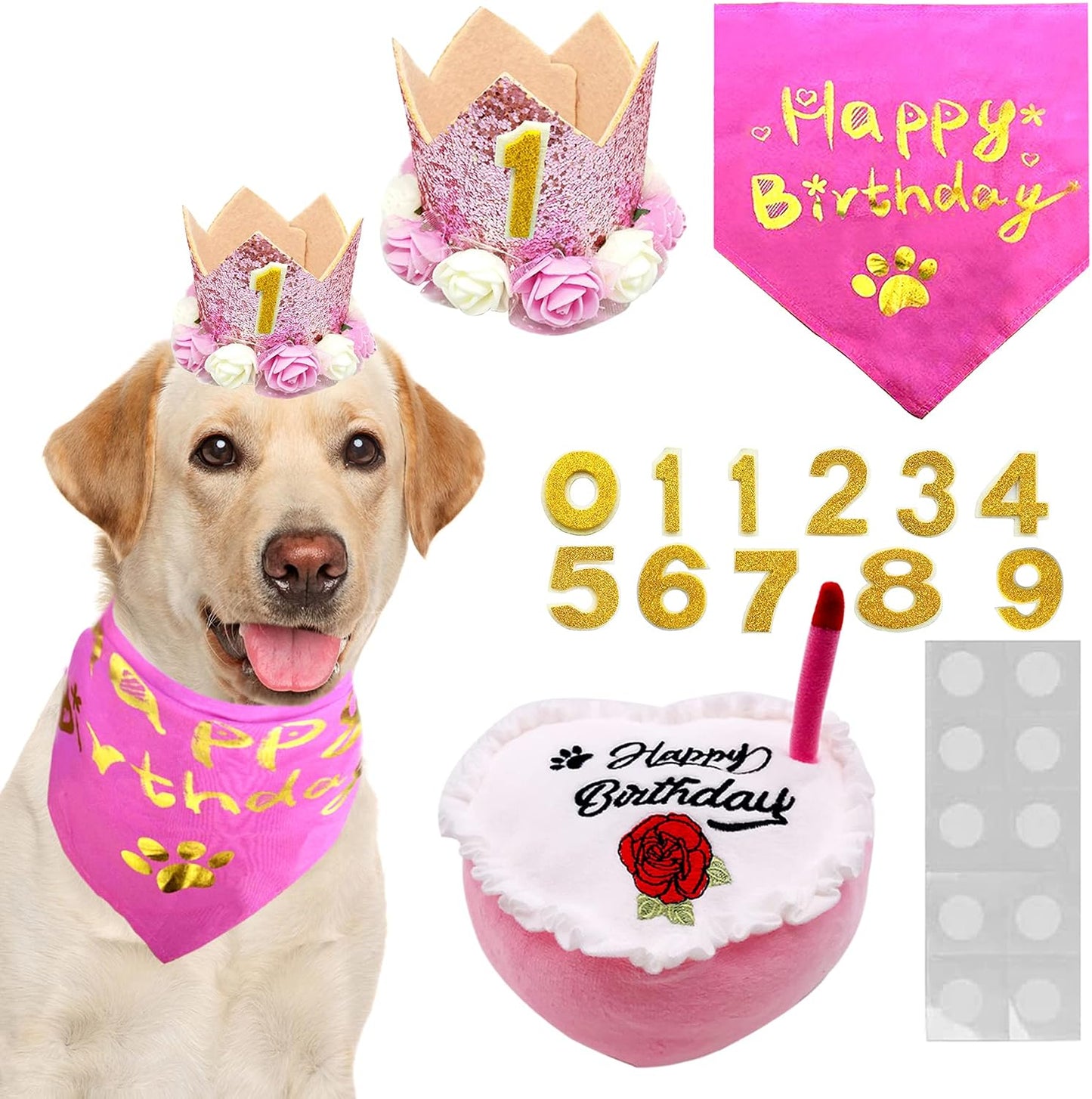 PET SHOW Small Dog Birthday Bandana Set Pink for Girls with Puppy Crown Hat and Heart Plush Cake Toy with Bell Inside Doggies Happy Birthday Party Supplies Decorations for Medium Dogs