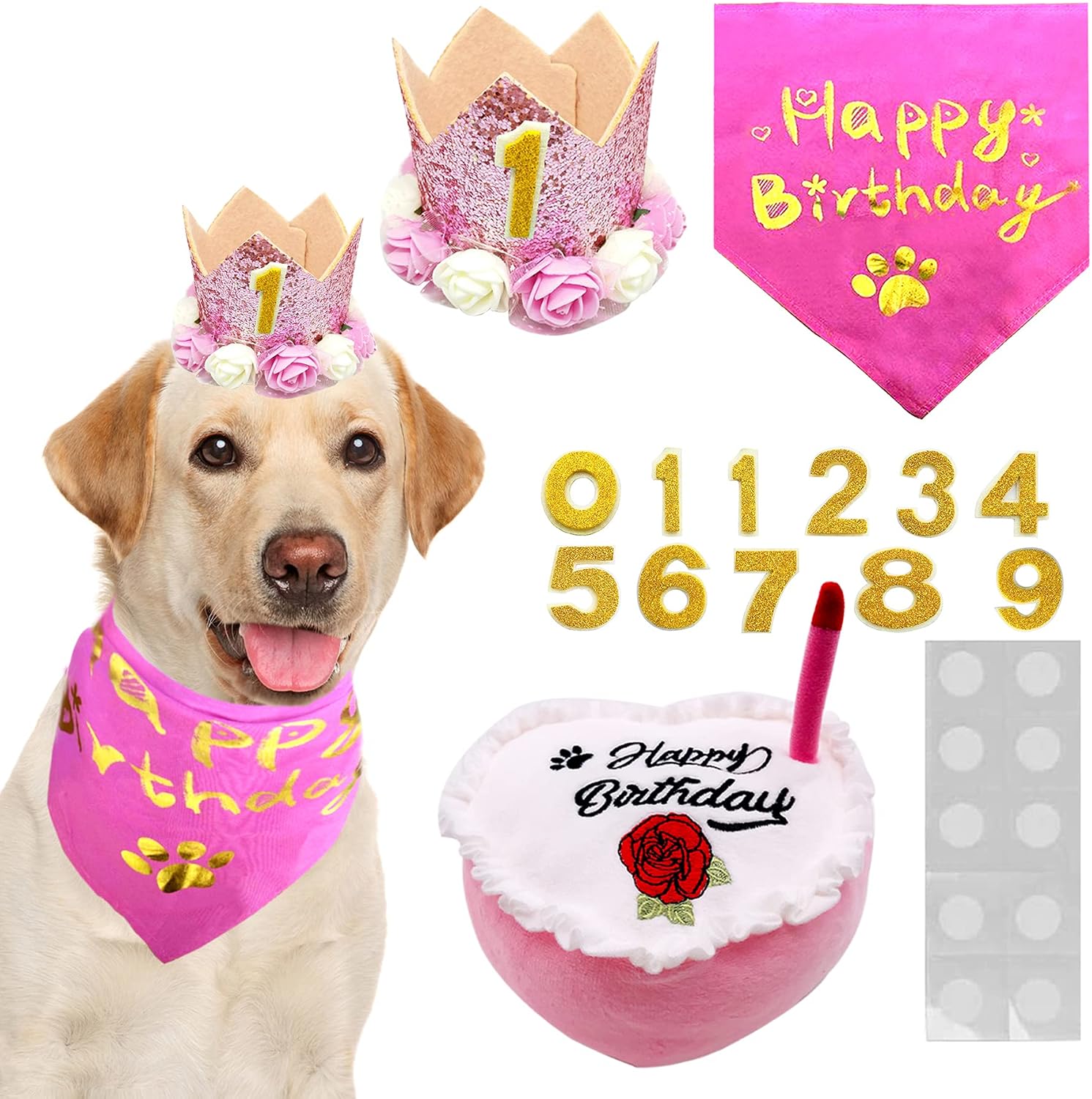 PET SHOW Small Dog Birthday Bandana Set Pink for Girls with Puppy Crown Hat and Heart Plush Cake Toy with Bell Inside Doggies Happy Birthday Party Supplies Decorations for Medium Dogs