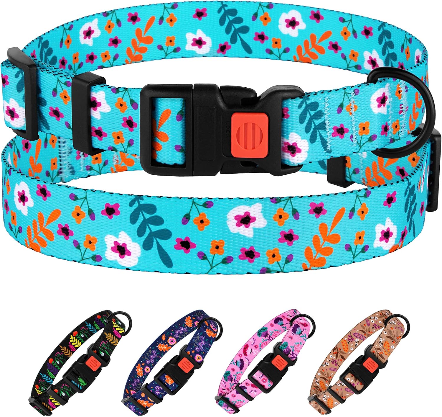 CollarDirect Floral Dog Collar Nylon Pattern Flower Print Adjustable Pet Collars for Dogs Small Medium Large Puppy (Neck Fit 18"-26", Aquamarine)