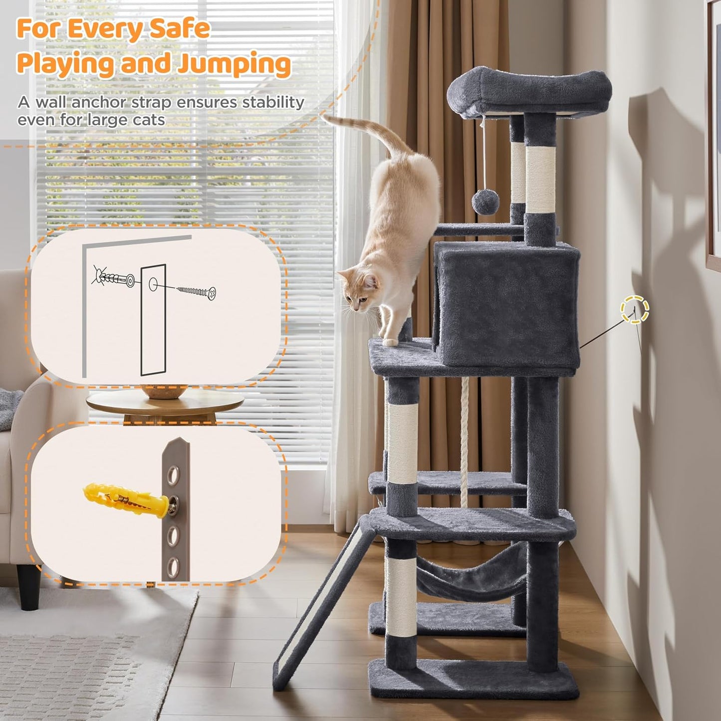 Yaheetech 54in Cat Tree Tower, Multi-Level Pet Stand Furniture with Hammock Scratching Posts Condo Extended Platform for Indoor Cats Large to Play and Sleep