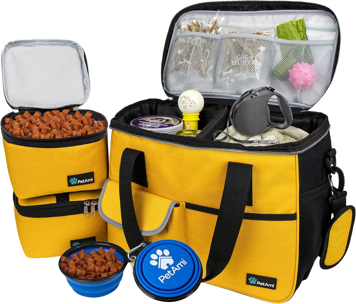 PetAmi Dog Travel Bag Organizer, Pet Travel Kit with 2 Food Containers & 2 Collapsible Dog Bowls, Pet Supplies Tote with Luggage Sleeve, Weekend Road Trip Camping Essentials, Yellow, Medium