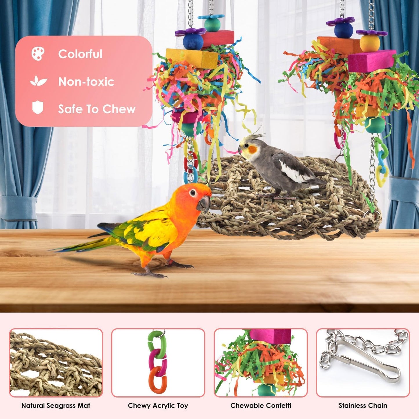 KATUMO Conure Toys, Bird Grass Swing Mat Parrot Climbing Hammock with Colorful Toys for Parakeet, Cockatiel, Sun Conure, Lovebird, Budgie, Small Birds