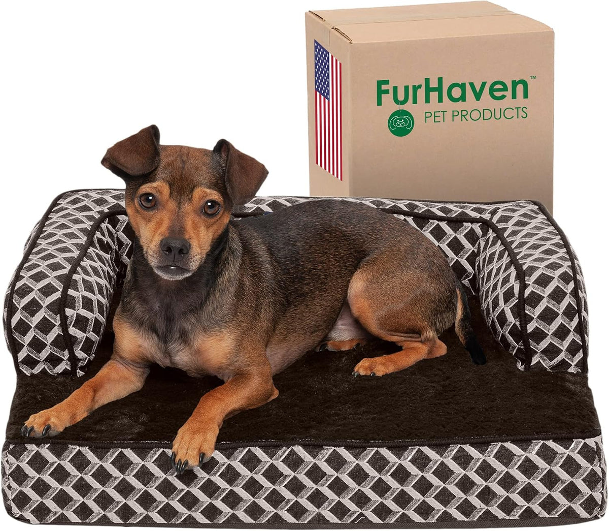 Furhaven Orthopedic Dog Bed for Small Dogs w/ Removable Bolsters & Washable Cover, For Dogs Up to 20 lbs - Plush & Woven Decor Comfy Couch Sofa - Diamond Brown, Small
