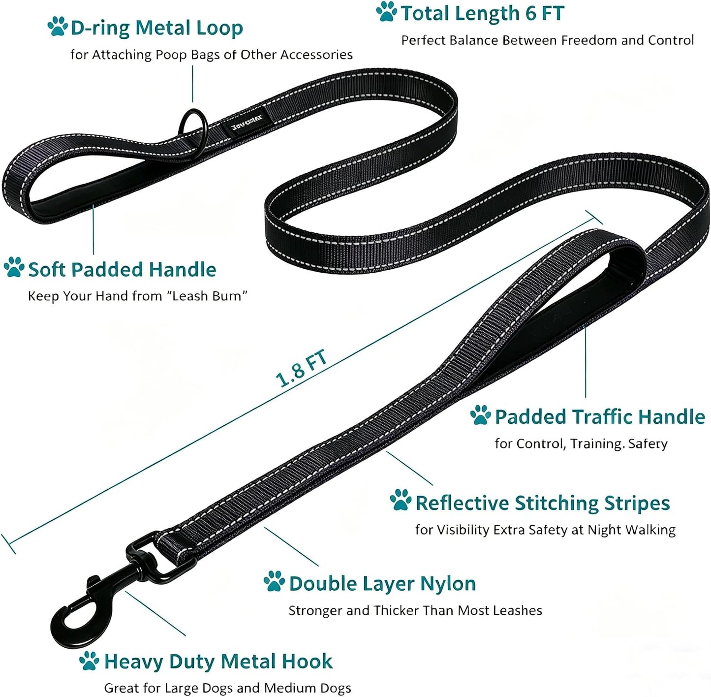 Heavy Duty Dog Leash - 2 Handles by Padded Traffic Handle for Extra Control, 6foot Long - Perfect for Medium to Large Dogs (6 ft, Black)