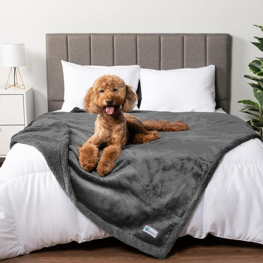 PetAmi Waterproof Dog Blanket for Couch, Queen 90x90, Pee Proof Sherpa Fleece Reversible Pet Throw, Furniture Protector for Bed Sofa, Soft Washable Cover for Large Dogs Cats, Grey Sherpa