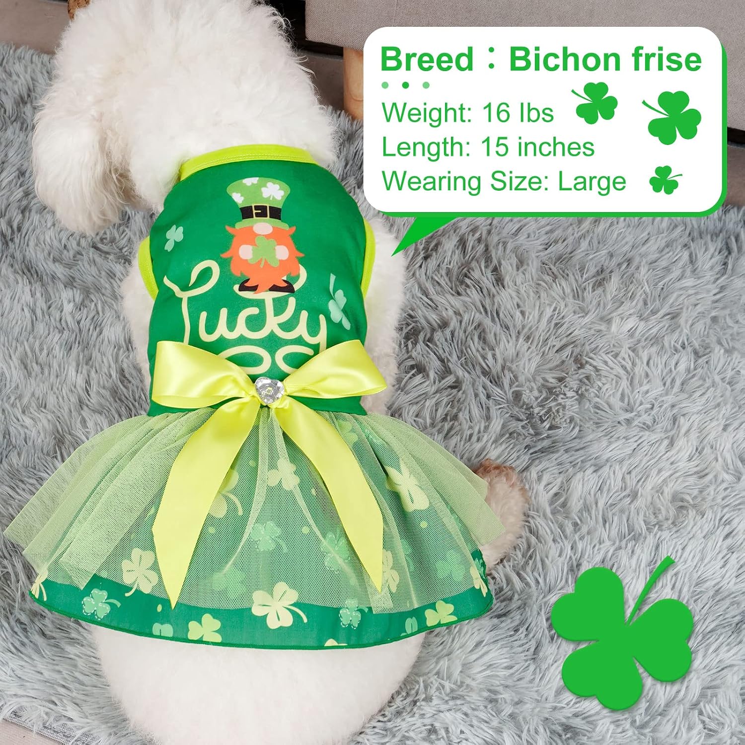 cyeollo St. Patrick's Day Dog Dress Lucky Shamrock Dog Tulle Skirt with Bowtie for Small Dogs Puppy