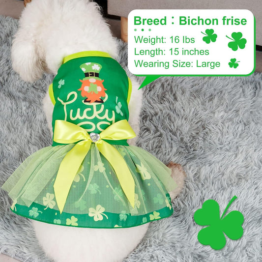 cyeollo St. Patrick's Day Dog Dress Lucky Shamrock Dog Tulle Skirt with Bowtie for Small Dogs Puppy