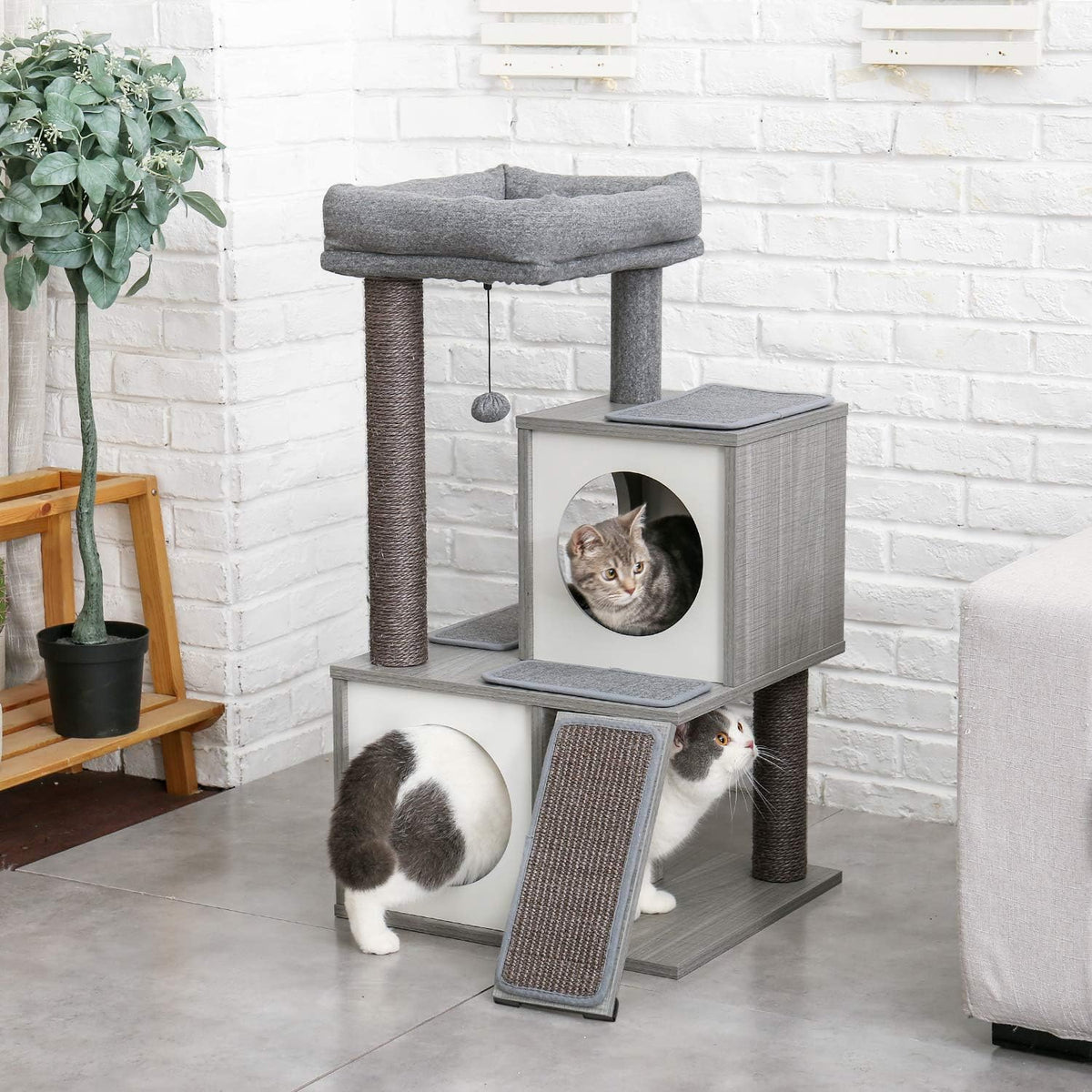 PAWZ Road Cat Tree 35 Inches Wooden Cat Tower with Double Condos, Spacious Perch, Fully Wrapped Scratching Sisal Posts and Replaceable Dangling Balls-Gray