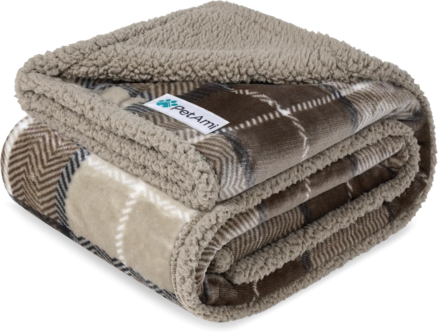 PetAmi Waterproof Dog Blanket for Couch, Extra Large 80x60, Pee Proof Sherpa Fleece Reversible Pet Throw, Furniture Protector for Bed Sofa Crate Kennel, Soft Washable Cover for Dogs, Plaid Taupe