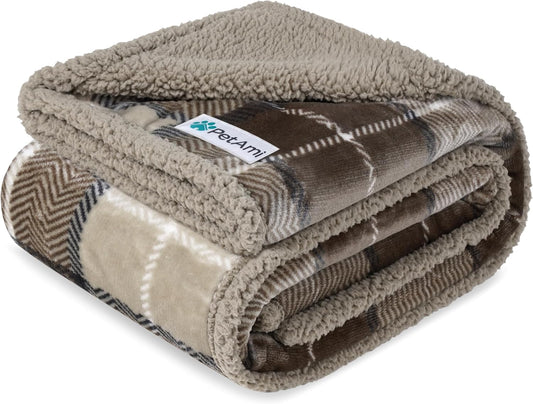 PetAmi Waterproof Dog Blanket for Couch, Extra Large 80x60, Pee Proof Sherpa Fleece Reversible Pet Throw, Furniture Protector for Bed Sofa Crate Kennel, Soft Washable Cover for Dogs, Plaid Taupe