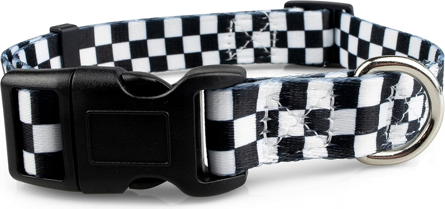 Checkered Pattern Dog Collar in Black & White - Adjustable Dog Collar for Boy and Girl Dogs with Quick Release Buckle by Limeloot, Small