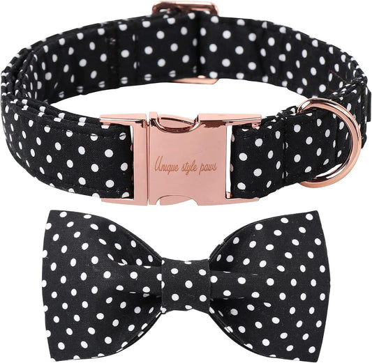 Unique style paws Cotton Dog Collar with Bow Puppy Collar with Black White Round Dot for Small Medium Large Boys Girls Dogs