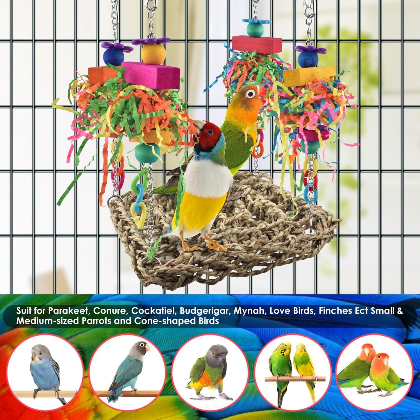 KATUMO Conure Toys, Bird Grass Swing Mat Parrot Climbing Hammock with Colorful Toys for Parakeet, Cockatiel, Sun Conure, Lovebird, Budgie, Small Birds