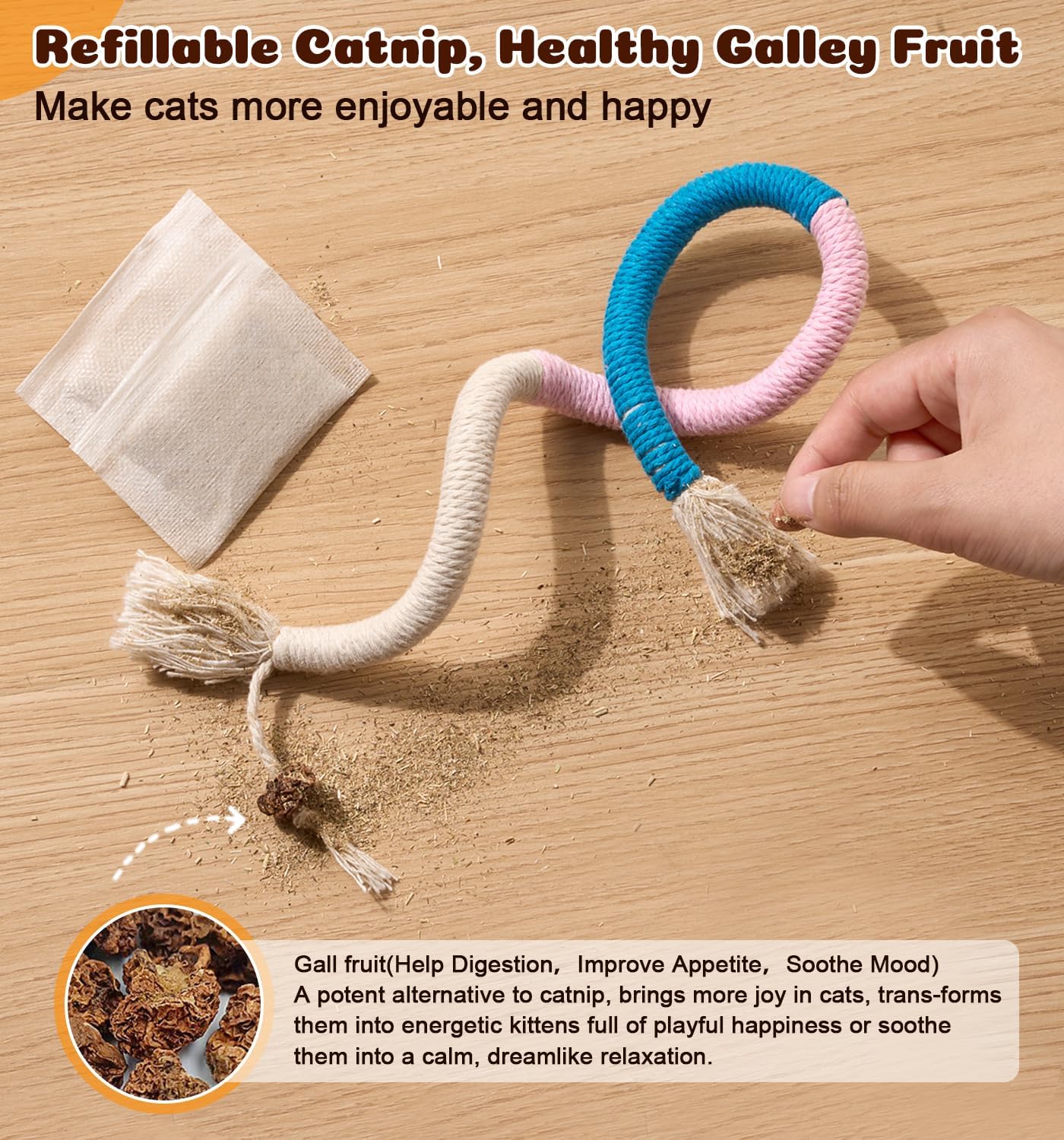 Cat Chew Ropes 4Pcs, Cat Toys for Indoor Cats with Refillable Natural Catnip, Safe Teeth Cleaning Chew Toys, Interactive Kitten Nip Toys and All Breeds