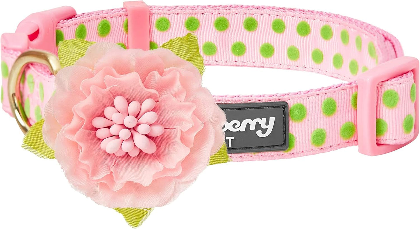 Blueberry Pet Adjustable Flocking Dog Collar with Silk Flower, Polka Dot in Baby Pink, Large - Dog Collars for Small Dogs, Girl Dog Collars, Pink Dog Collar, Neck 18-26"