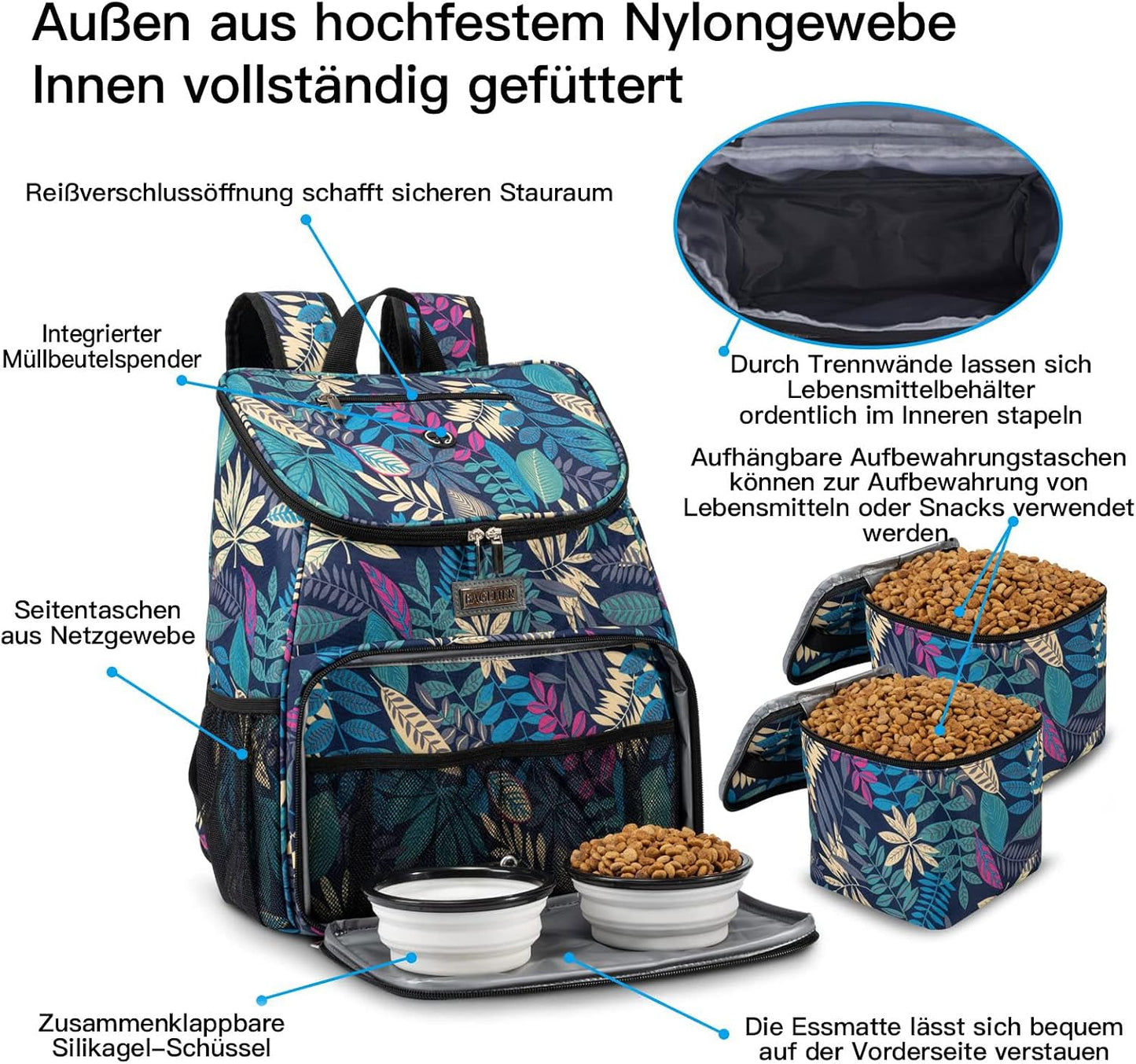 BAGLHER丨Dog Travel Bag, Airline Approved Pet Supplies Backpack, Dog Travel Backpack with 2 Silicone Collapsible Bowls and 2 Food Baskets