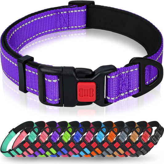 Taglory Reflective Dog Collar for Extra Large Dogs, Soft Neoprene Padded with Escape-Proof Locking Buckle, Upgraded Zinc Alloy Ring, Adjustable for Daily Walking, Purple,XL