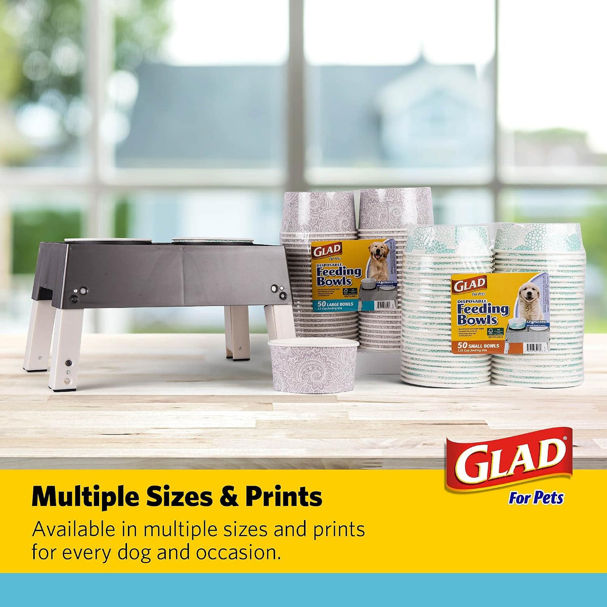 Glad for Pets Disposable Feeding Bowls | Large Dog Bowls in Teal Pattern | 3.5 Cup Feeding Size, 50 Count - Dog Bowls are Great for Dry and Wet Dog Food or Water (FF11350)