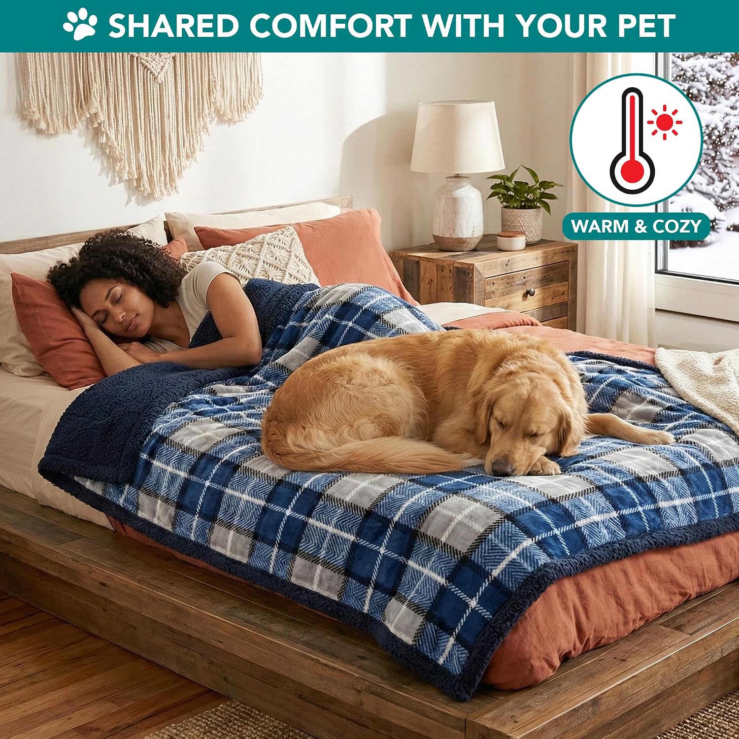PetAmi Dog Blanket for Medium Large Dogs and Pets, Soft Sherpa Fleece Pet Blanket for Cats Puppies, Reversible Plush Couch Cover Protector Sofa Bed Car Seat, Machine Washable, 80x60, Plaid Navy Blue