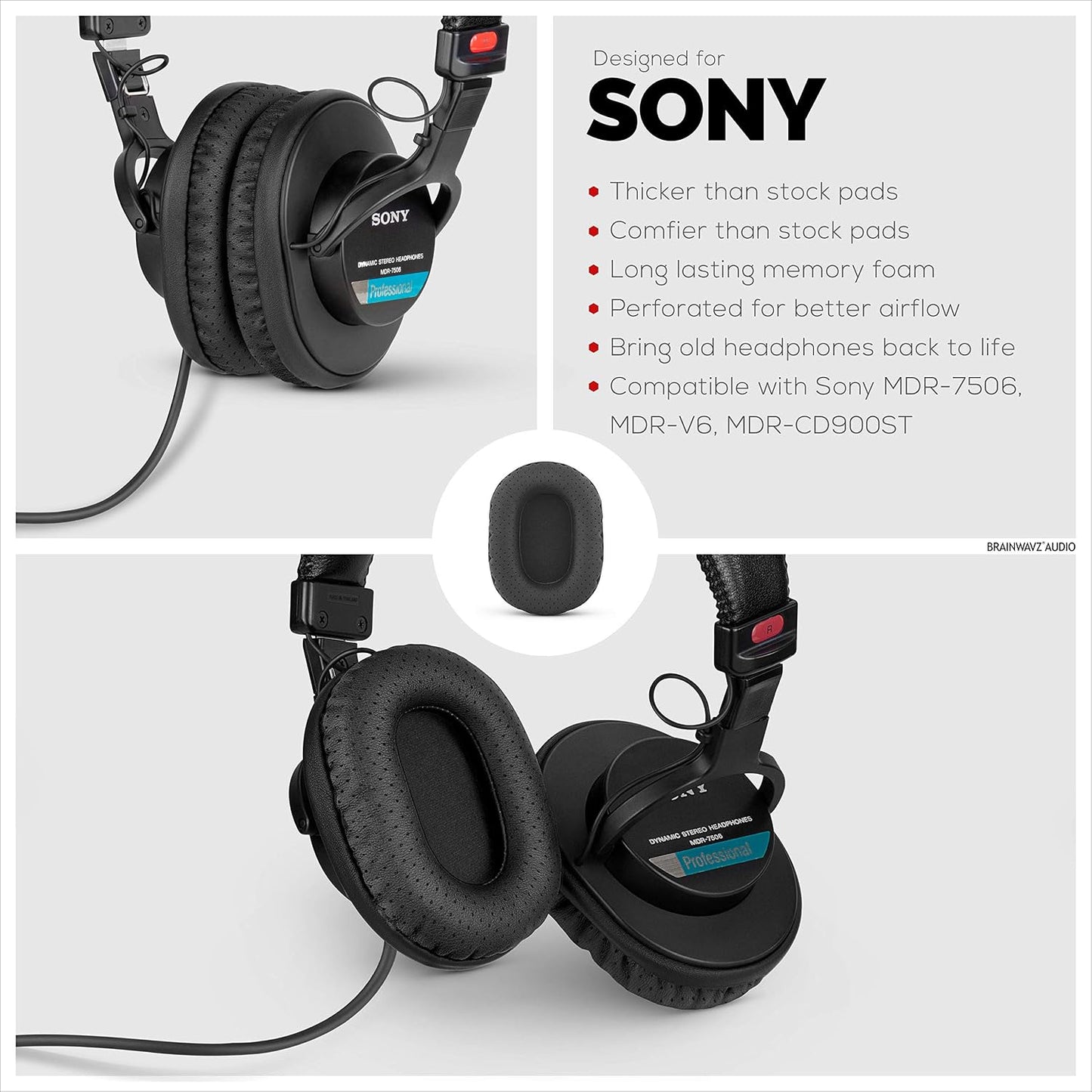 Brainwavz Perforated Replacement Earpads for Sony MDR 7506, V6 & CD900ST with Memory Foam Ear Pad & Suitable for Other On Ear Headphones (Black)