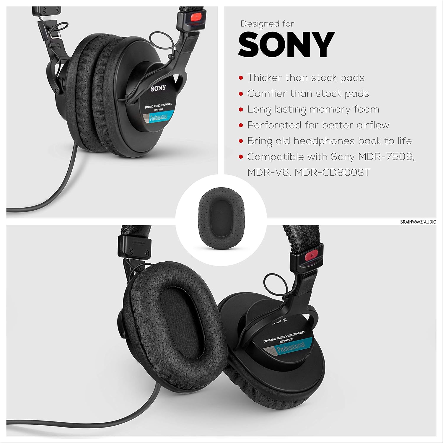 Brainwavz Perforated Replacement Earpads for Sony MDR 7506, V6 & CD900ST with Memory Foam Ear Pad & Suitable for Other On Ear Headphones (Black)