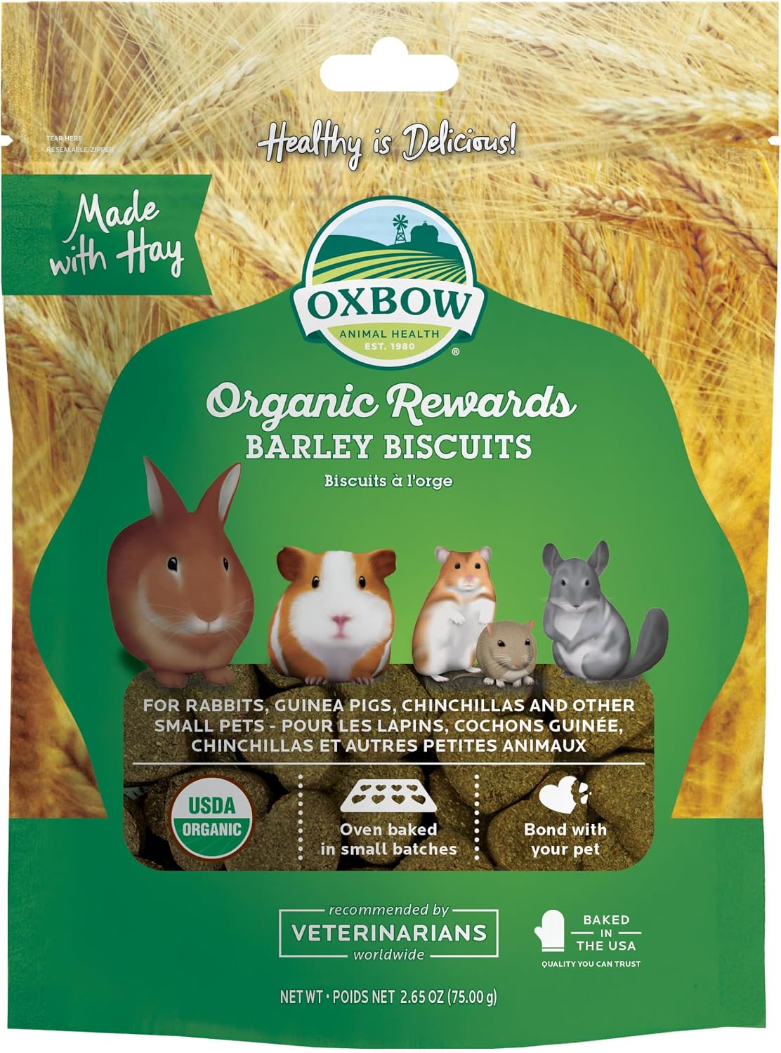 Oxbow Organic Barley Biscuits, Rabbit & Guinea Pig Treats, Organic Hamster & Bunny Treats with Barley, Apple & Carrot, Made in USA, Small Pet Supplies, 2.65 oz Bag