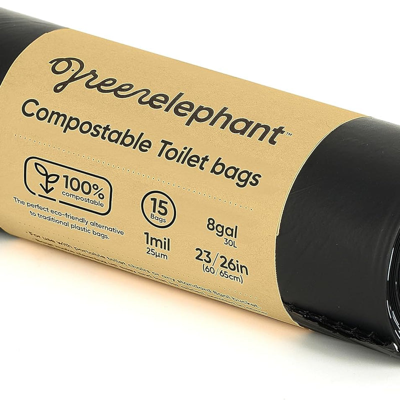 Green Elephant Portable Waste Bags – Camping Potty Liners, Biodegradable Sanitary Bags for 5 Gallon Bucket, Outdoor Use, 15 Count, 8 Gal (1 Pack)