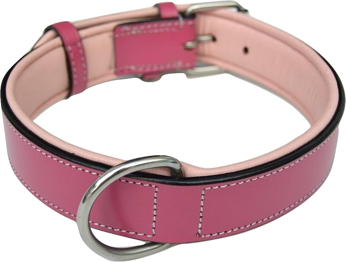 Raspberry Pink Leather Padded Dog Collar, for Large Female Dogs, Made with Genuine Real Leather, 24" Long x 1.5" Wide