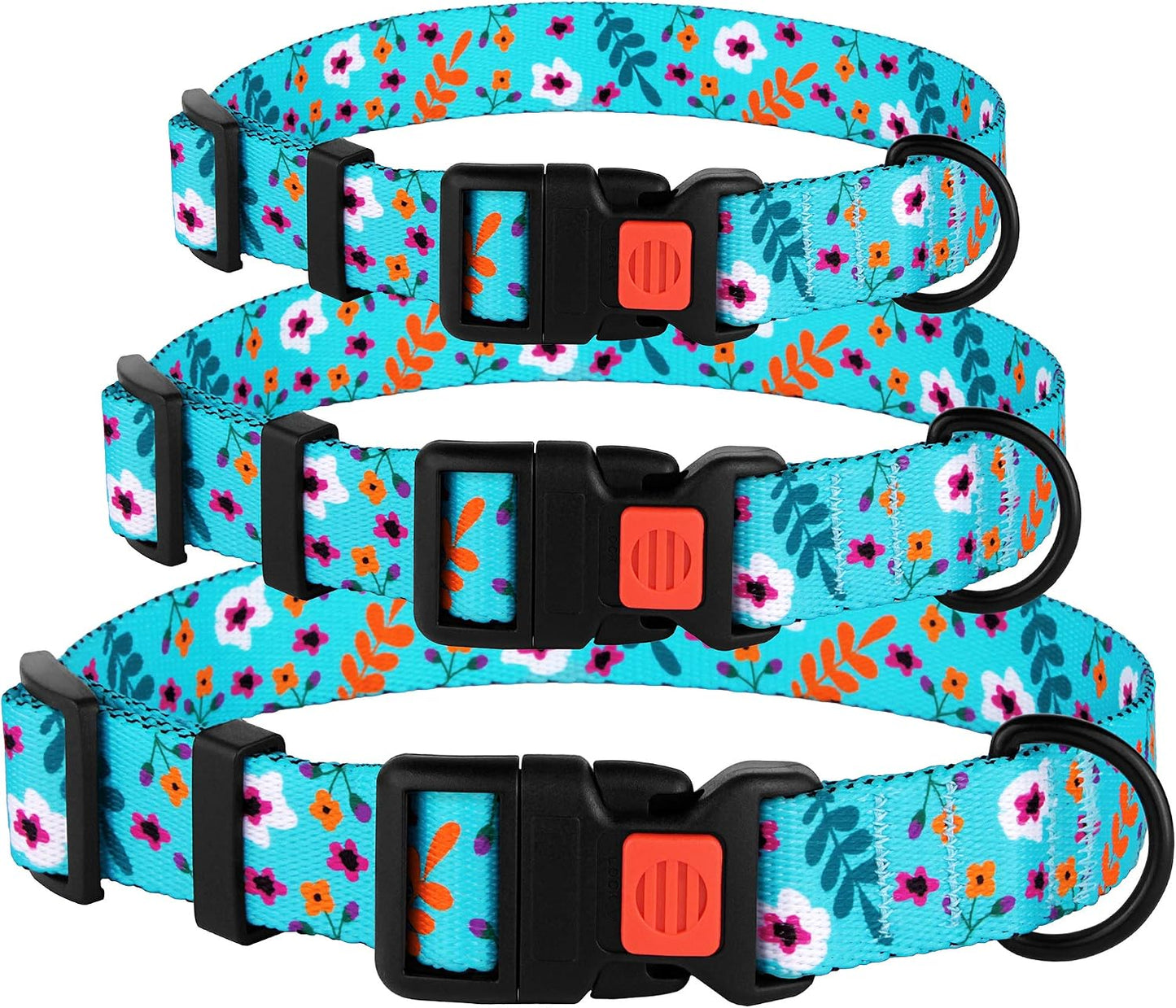 CollarDirect Floral Dog Collar Nylon Pattern Flower Print Adjustable Pet Collars for Dogs Small Medium Large Puppy (Neck Fit 18"-26", Aquamarine)