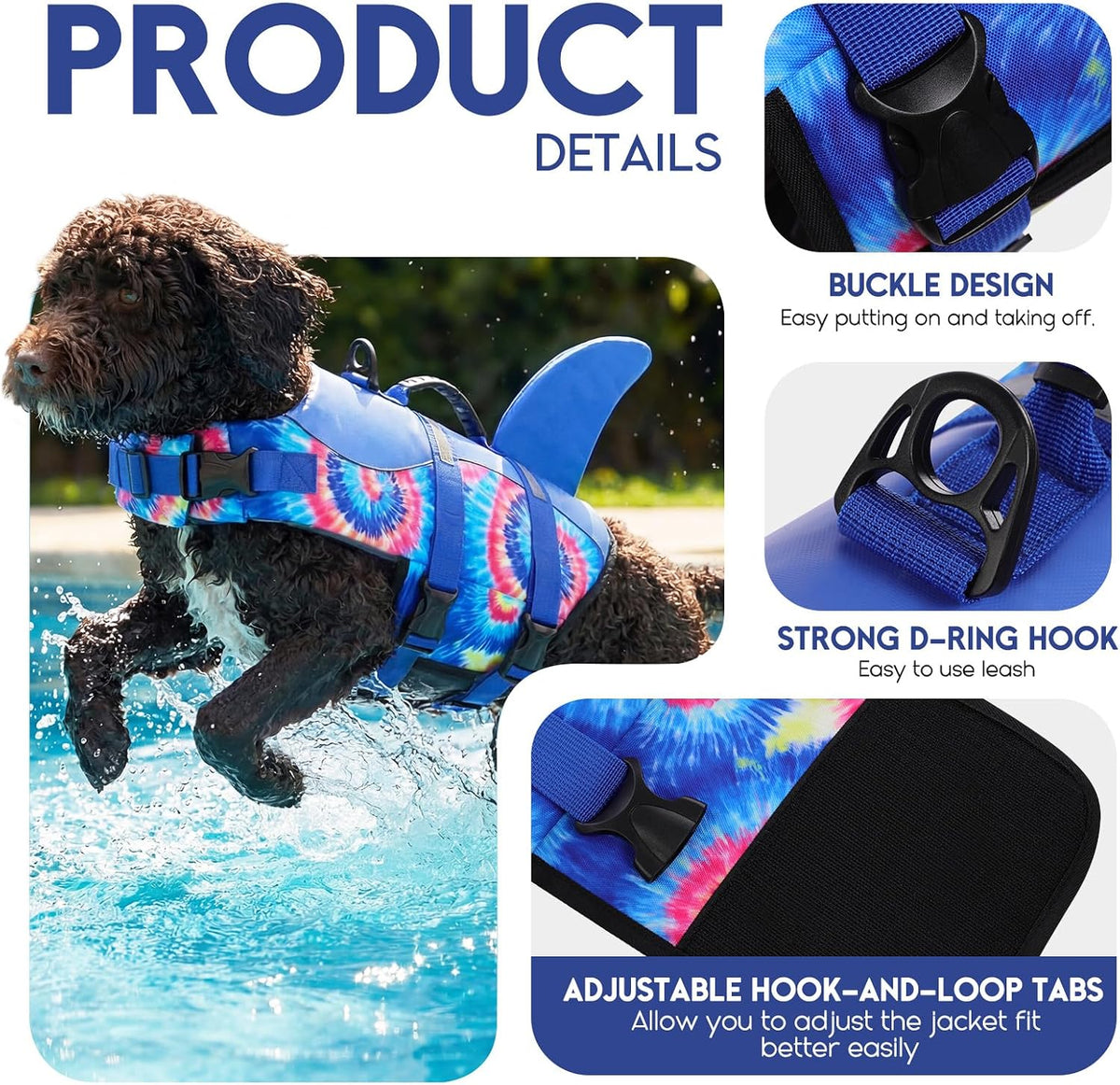 ASENKU Dog Life Jacket - Pet Safety Vest for Swimming & Boating, Shark Life Jacket with Floatation, Dog Lifesavers Swimsuits for Small Medium Large Dogs (Blue Bandhnu, XL)