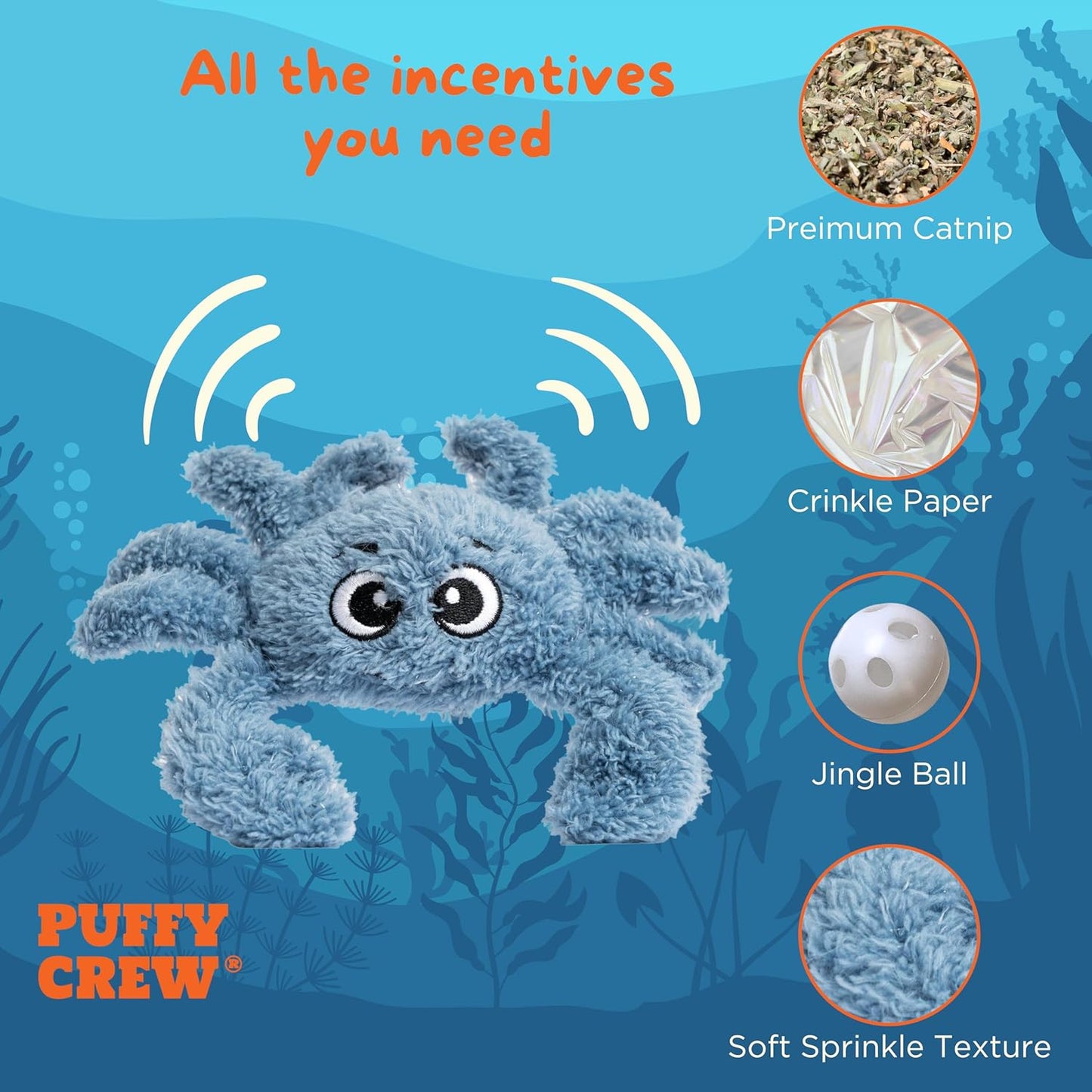 Interactive Catnip Cat Plush Toy, Ocean Theme, 5'', for All Breed Size Cats (Crab)