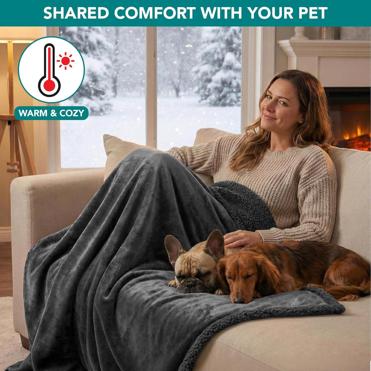 PetAmi Waterproof Dog Blanket for Couch, Queen 90x90, Pee Proof Sherpa Fleece Reversible Pet Throw, Furniture Protector for Bed Sofa, Soft Washable Cover for Large Dogs Cats, Grey Sherpa