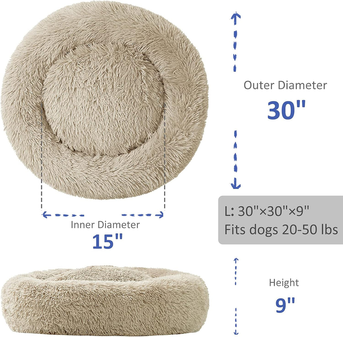 Washable Dog Round Bed - Large Donut Dog Bed, Comfy Calming Cuddler