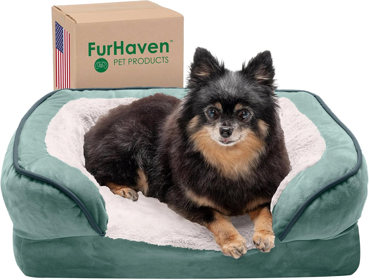 Furhaven Memory Foam Dog Bed for Small Dogs w/ Removable Bolsters & Washable Cover, For Dogs Up to 20 lbs - Plush & Velvet Waves Perfect Comfort Sofa - Celadon Green, Small