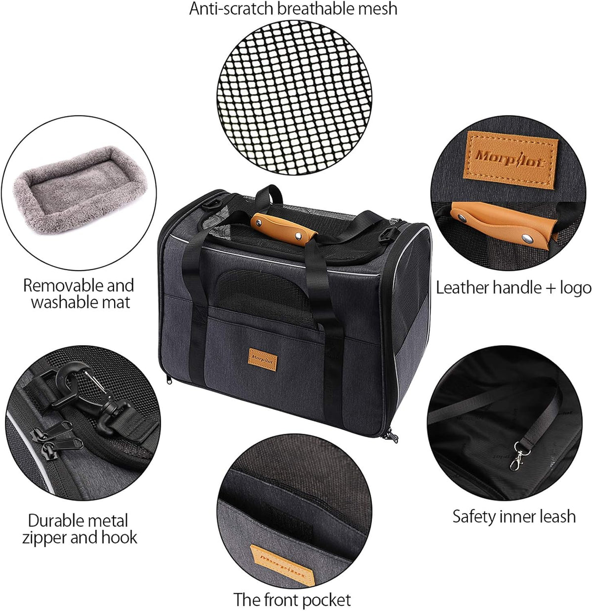 Morpilot Cat Carrier - Cat Carrier Soft for Medium or Large Cats up to 20lbs, with Dual-Sided Cushion, Secure Buckle and Foldable Bowl, Dog Carriers for Small Dogs - Pet Carrier (Dark Gray)