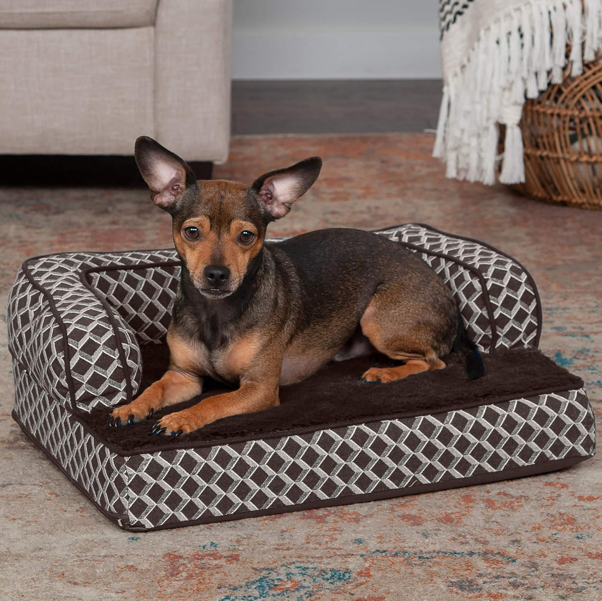 Furhaven Orthopedic Dog Bed for Small Dogs w/ Removable Bolsters & Washable Cover, For Dogs Up to 20 lbs - Plush & Woven Decor Comfy Couch Sofa - Diamond Brown, Small