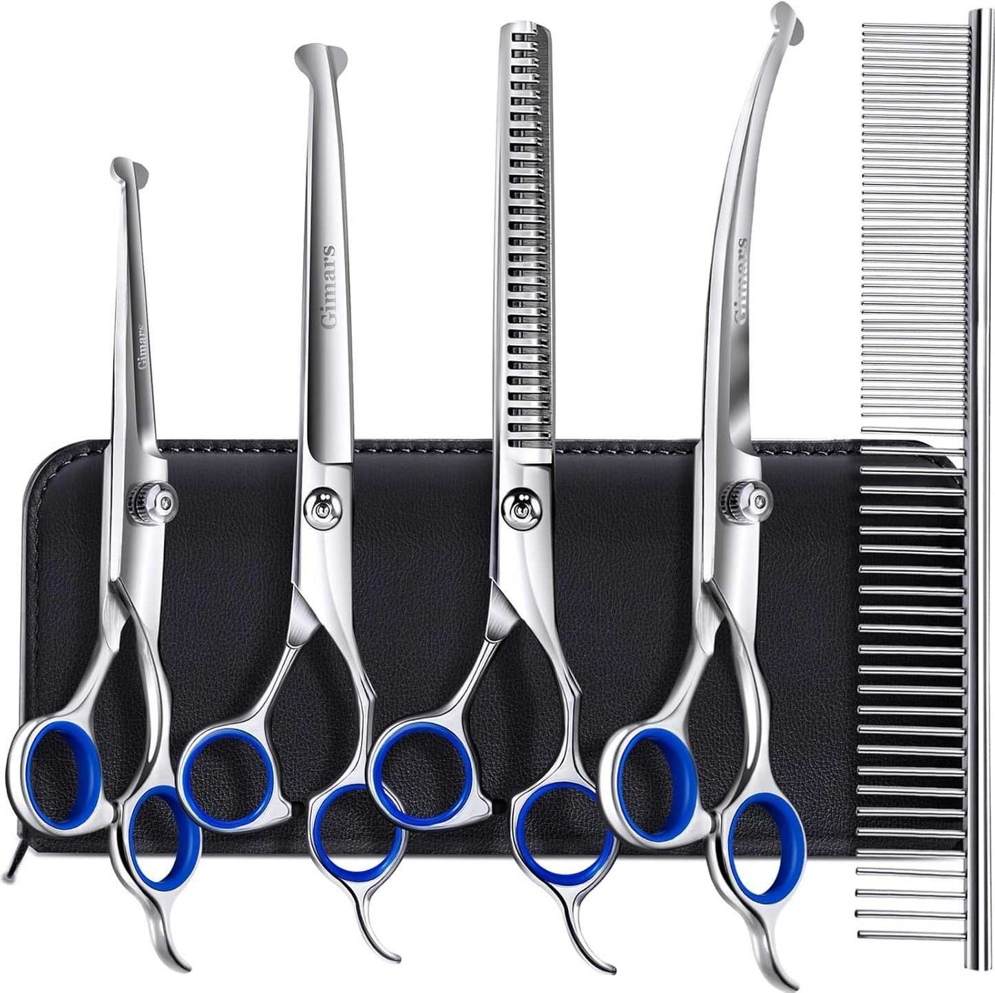 Titanium Coated Professional 6-in-1 Stainless Steel Dog Grooming Scissors Set with Safety Round Tip - Heavy Duty Grooming Tool for Dogs, Cats, and More