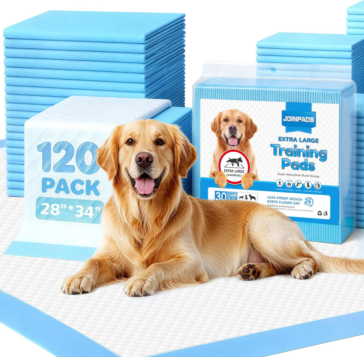 120-Count Extra Large Dog Pee Pads Puppy Pads XL, Thicker Design for Super Absorbent and Leak Proof Dog Pads, Disposable Potty Training Pads for Dogs, 28x34 Inches (Blue)