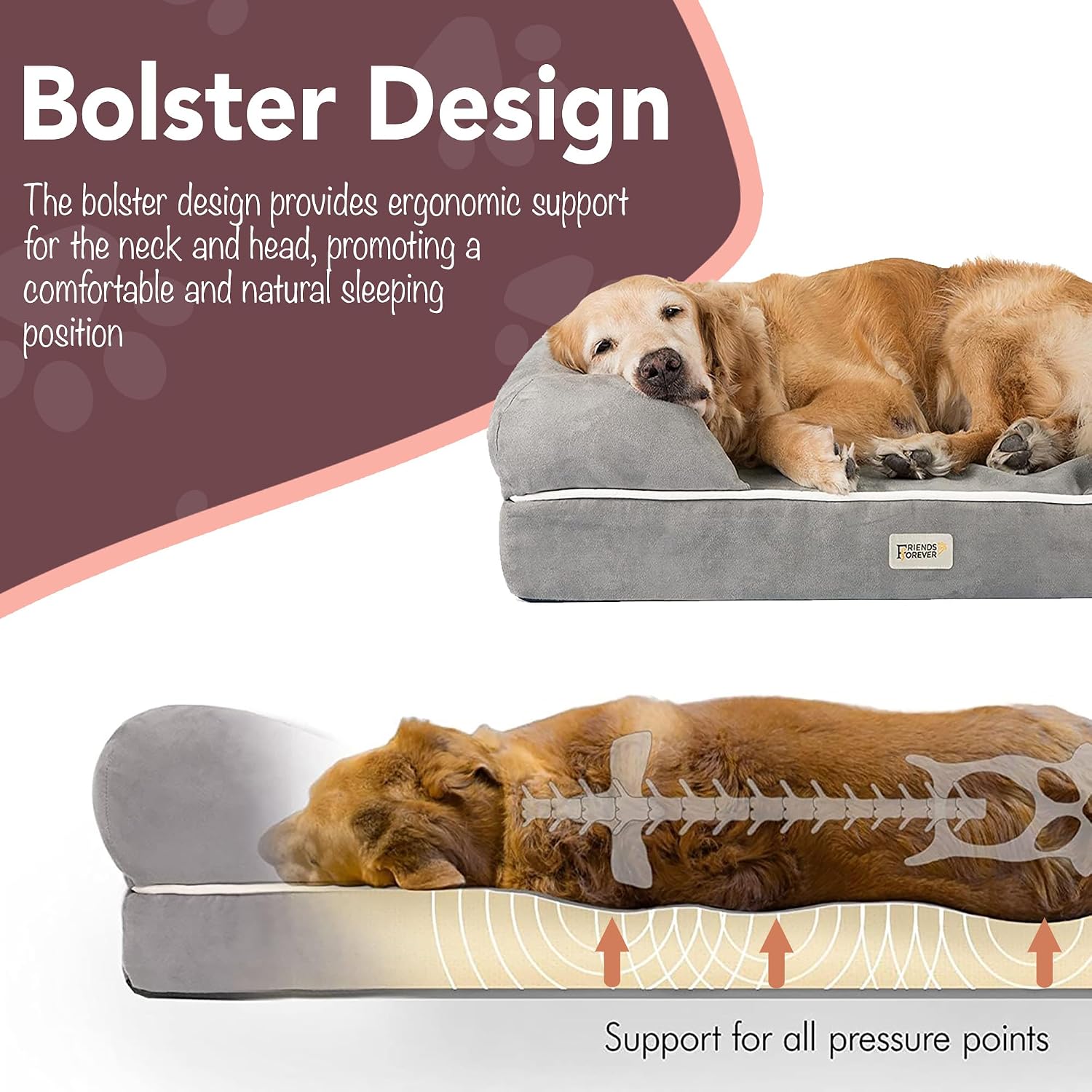 Friends Forever Orthopedic Dog Bed, Memory Foam Pet Sofa, Calming Dog Couch, Water Resistant Pet Bed, Washable Cover, Non-Slip Bottom, Chester, Grey, 50" x 40" x 13"