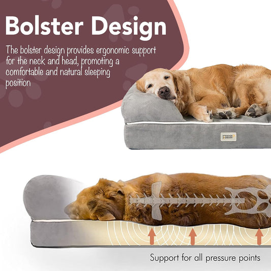 Friends Forever Orthopedic Dog Bed, Memory Foam Pet Sofa, Calming Dog Couch, Water Resistant Pet Bed, Washable Cover, Non-Slip Bottom, Chester, Grey, 50" x 40" x 13"