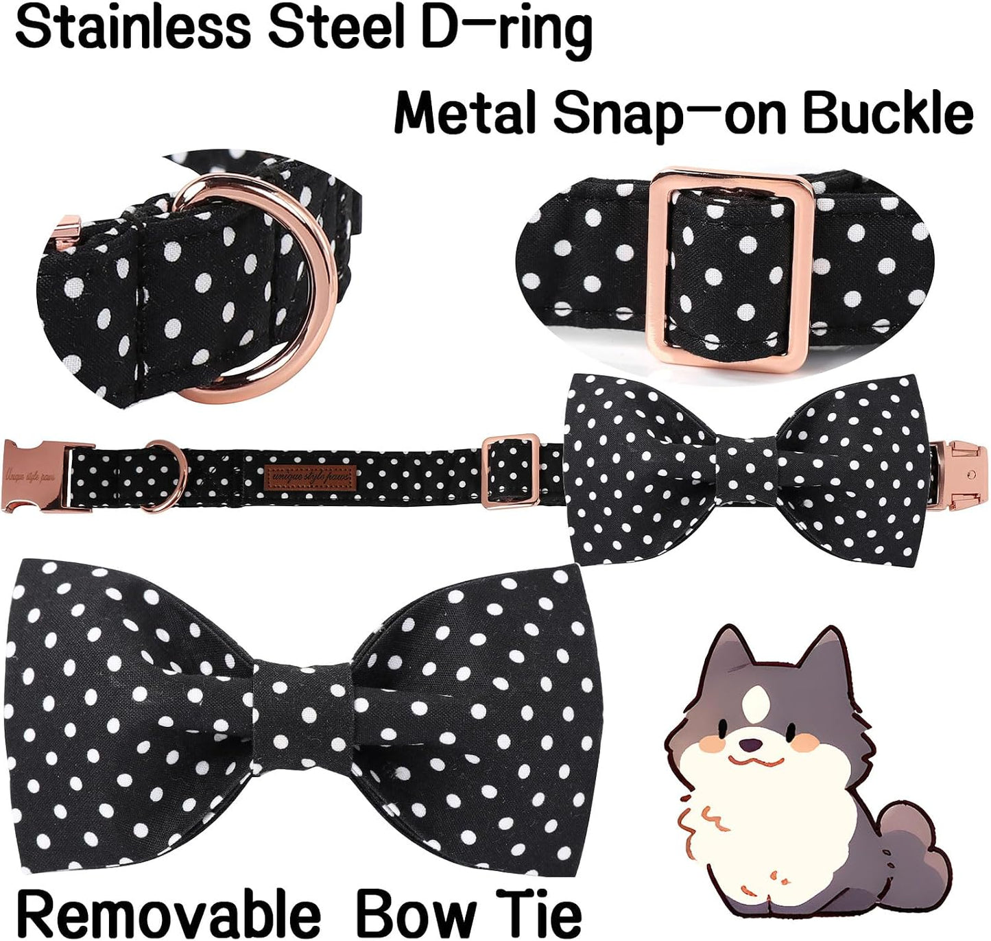 Unique style paws Cotton Dog Collar with Bow Puppy Collar with Black White Round Dot for Small Medium Large Boys Girls Dogs