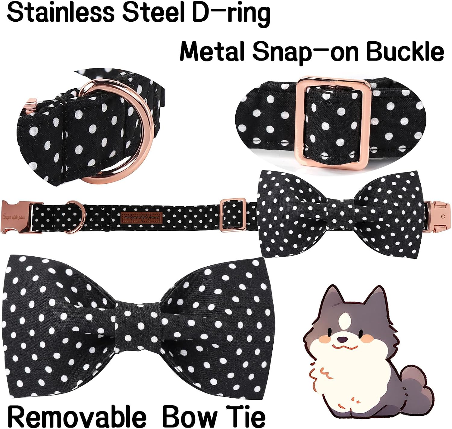 Unique style paws Cotton Dog Collar with Bow Puppy Collar with Black White Round Dot for Small Medium Large Boys Girls Dogs