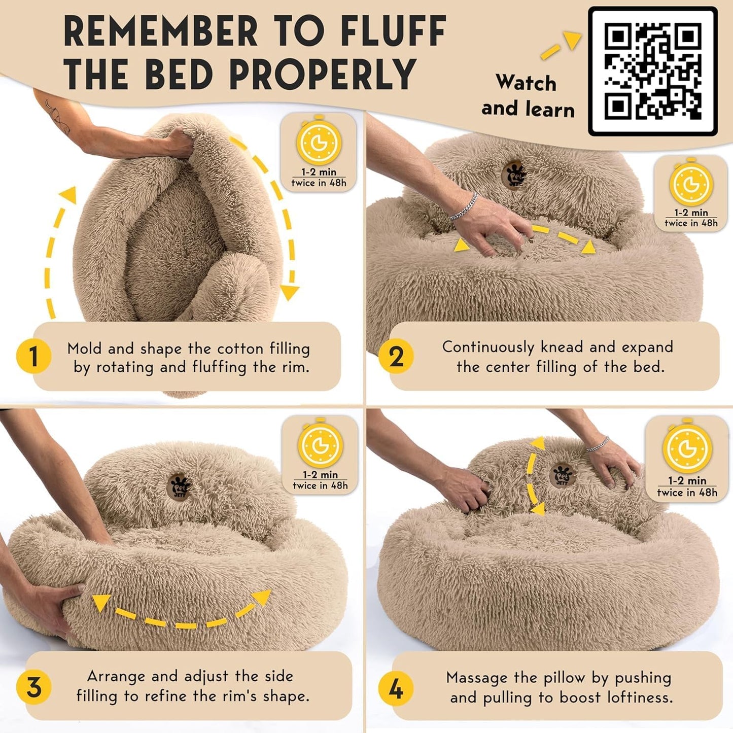PetJett Calming Medium Dog Bed - Round Dog Beds, Anti-Slip & Washable Super Soft Fluffy Plush Donut Bed, Anti-Anxiety Premium Comfort Pet Bed, Fits Dogs - Beige