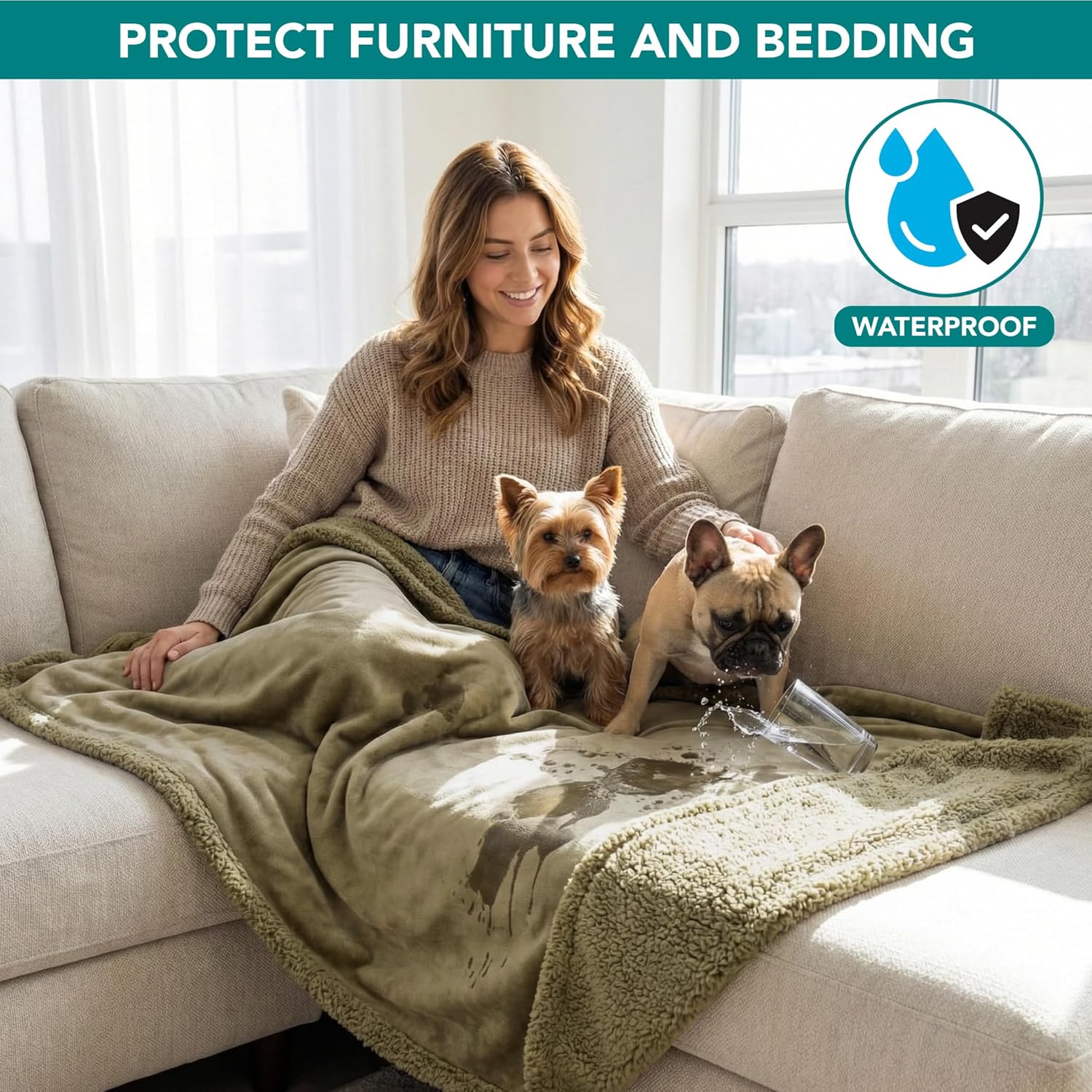 PetAmi Waterproof Dog Blanket for Couch, Large 60x40, Pee Proof Sherpa Fleece Reversible Pet Throw, Furniture Protector for Bed Sofa Kennel, Soft Washable Cover for Medium Dogs Cats, Taupe Sherpa