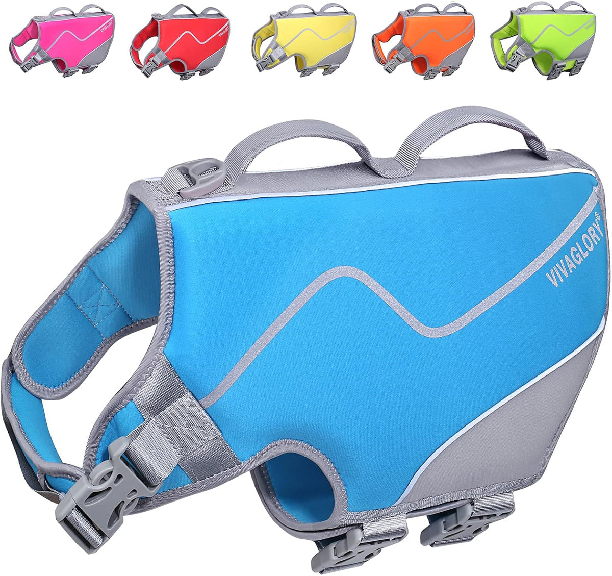 Vivaglory Dog Life Jacket, Snug Neoprene Large Dog Life Vest with Superior Buoyancy & Rescue Handle, Blue L