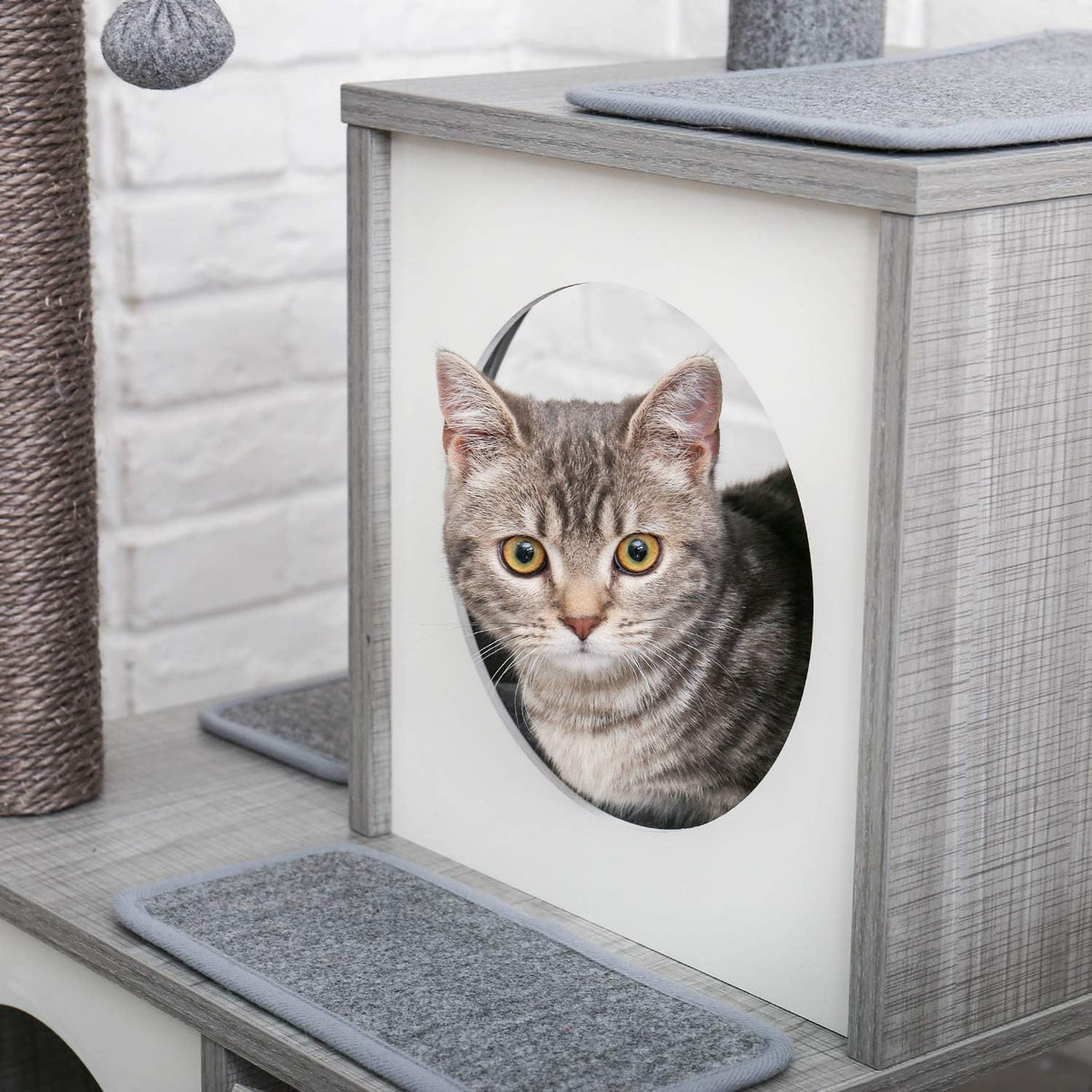 PAWZ Road Cat Tree 35 Inches Wooden Cat Tower with Double Condos, Spacious Perch, Fully Wrapped Scratching Sisal Posts and Replaceable Dangling Balls-Gray