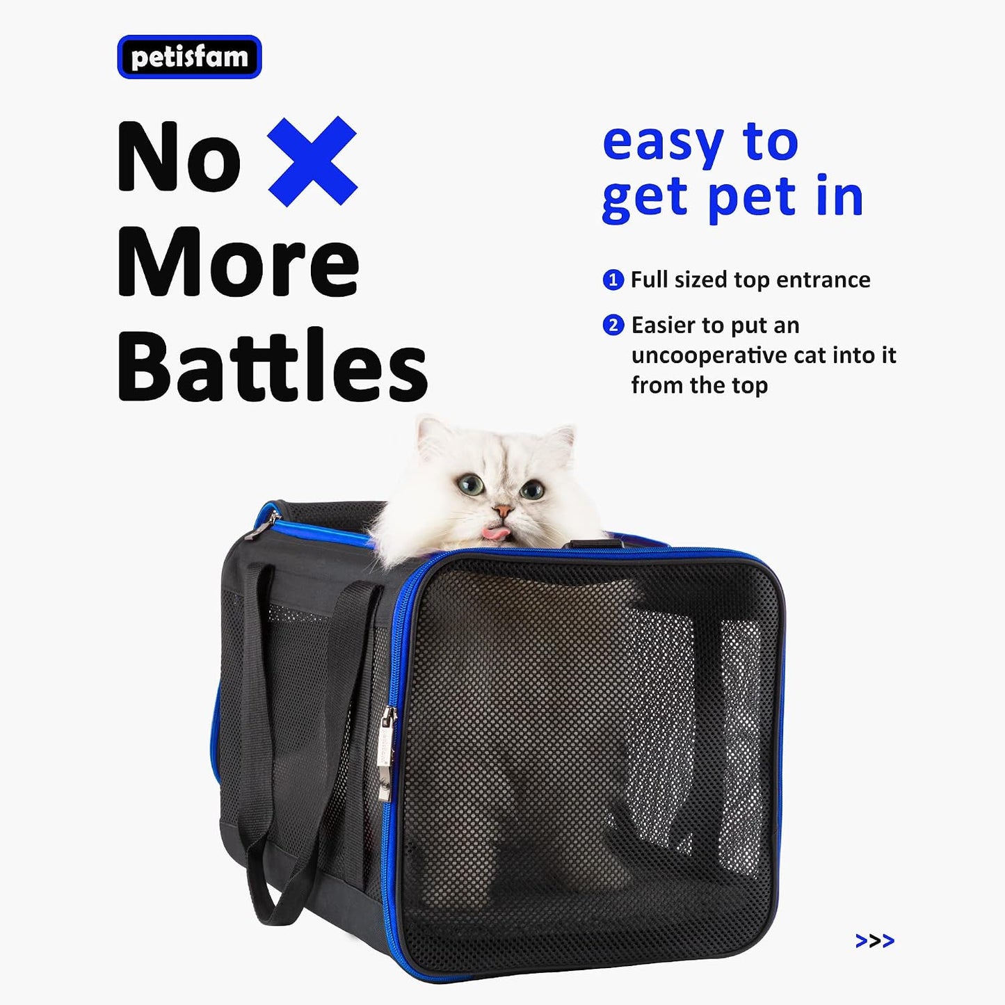 Easy Load Soft Pet Carrier Bag Cat for Medium, Large Cats, Puppy, Sturdy, Collapsible, Comfy, Black w/Blue Trim, L