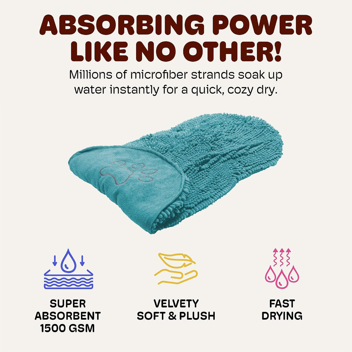 Dog Gone Smart The Dirty Dog Shammy - Antimicrobial Microfiber Dog Towel for Odor Control, Fast-Drying Plush, Dual Hand Pockets & Elastic, Super Absorbent, Machine Washable, 31 x 13 in, Pacific Blue
